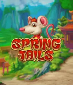 An enchanting illustration of a white rat dressed in traditional Chinese attire positioned in front of a picturesque landscape with mountains. The image is for the Spring Tails Slot by Betsoft, showcased with striking red and gold logo text.