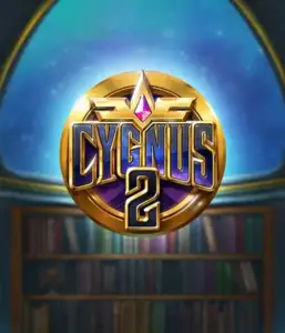 Discover the captivating visuals of ELK Studios' Cygnus 2 Slot, featuring a luxurious golden emblem with a vibrant purple and gold design. Positioned against a mystical library backdrop, this image captures the theme of exploration and mystery. 