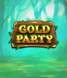 Discover the magical forest of the Gold Party game by Pragmatic Play, highlighting a rustically styled wooden sign decorated with golden letters. The setting is a green forest which adds a mystical touch to the overall ambiance. Great for players who love enchanted forest settings, offering a whimsical adventure. 